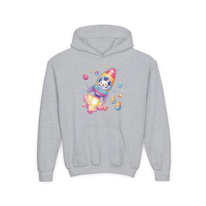Easter Astronaut Bunny Kids Hoodie - Rocket Bunny Design with Colorful Eggs, Fun Space Adventure Sweatshirt for Spring and Holiday Gifts