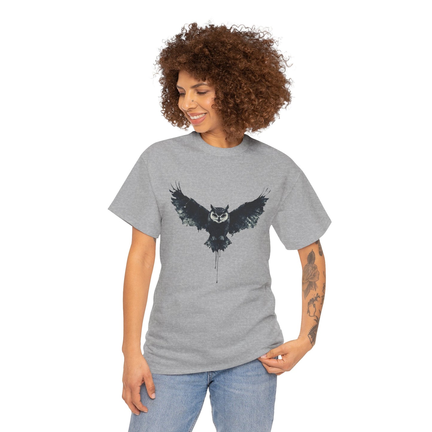 Cool Owl Graphic Unisex Heavy Cotton Tee, Flying Owl Ink Art T-Shirt, Nature Lover Gift, Animal Print Tee, Gothic Bird Graphic Tee