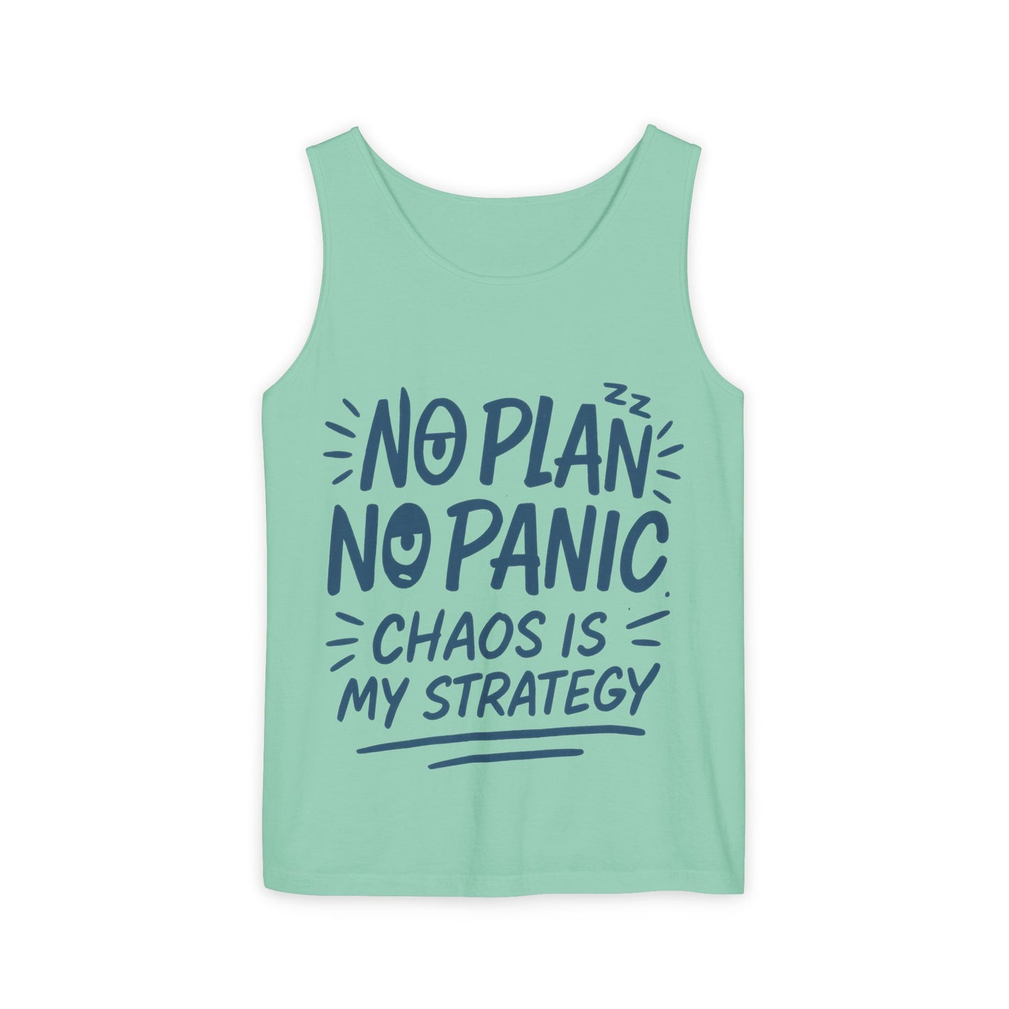Funny Chaos Quote Mens Tank Top, No Plan No Panic Humor Shirt, Casual Graphic Tee Gift for Him, Relaxed Fit, Workout Gym Humor Shirt