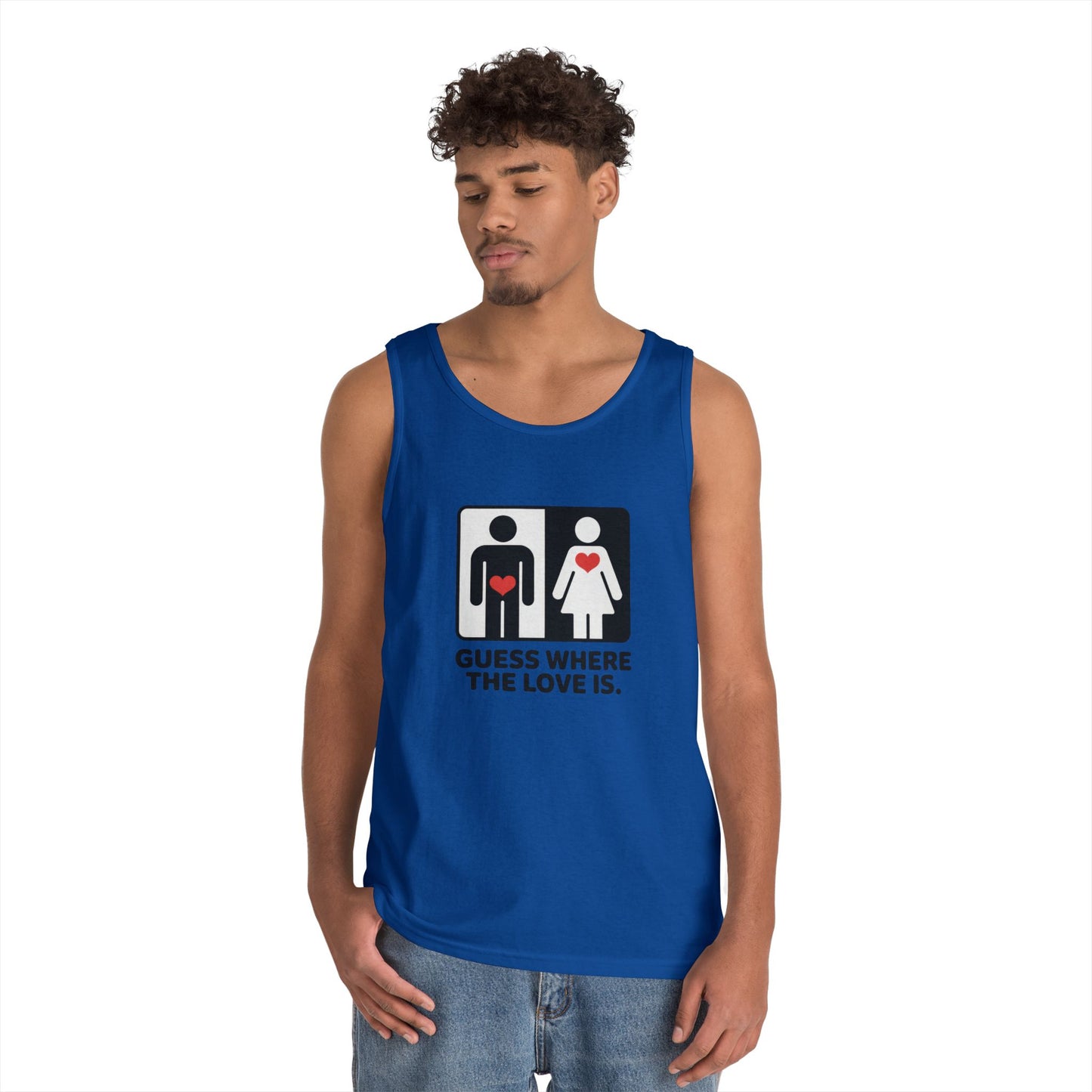 Cute Guess Where The Love Is Mens Tank, Couples Gift, Valentines Day Gift, Relationship Humor Shirt, Funny Tank for Him, Bold Love Joke Tank