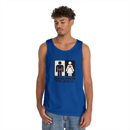 Cute Guess Where The Love Is Mens Tank, Couples Gift, Valentines Day Gift, Relationship Humor Shirt, Funny Tank for Him, Bold Love Joke Tank