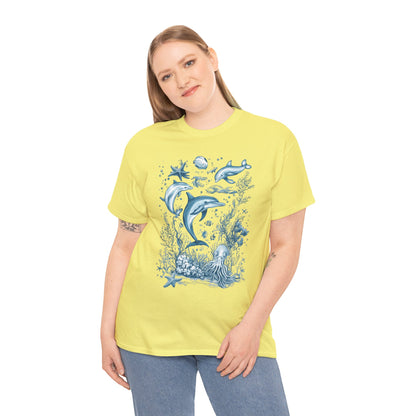 Ocean Life Dolphin T-Shirt, Women's Cotton Tee with Underwater Sea Creatures, Marine Nature Gift Shirt, Perfect for Beach Lovers
