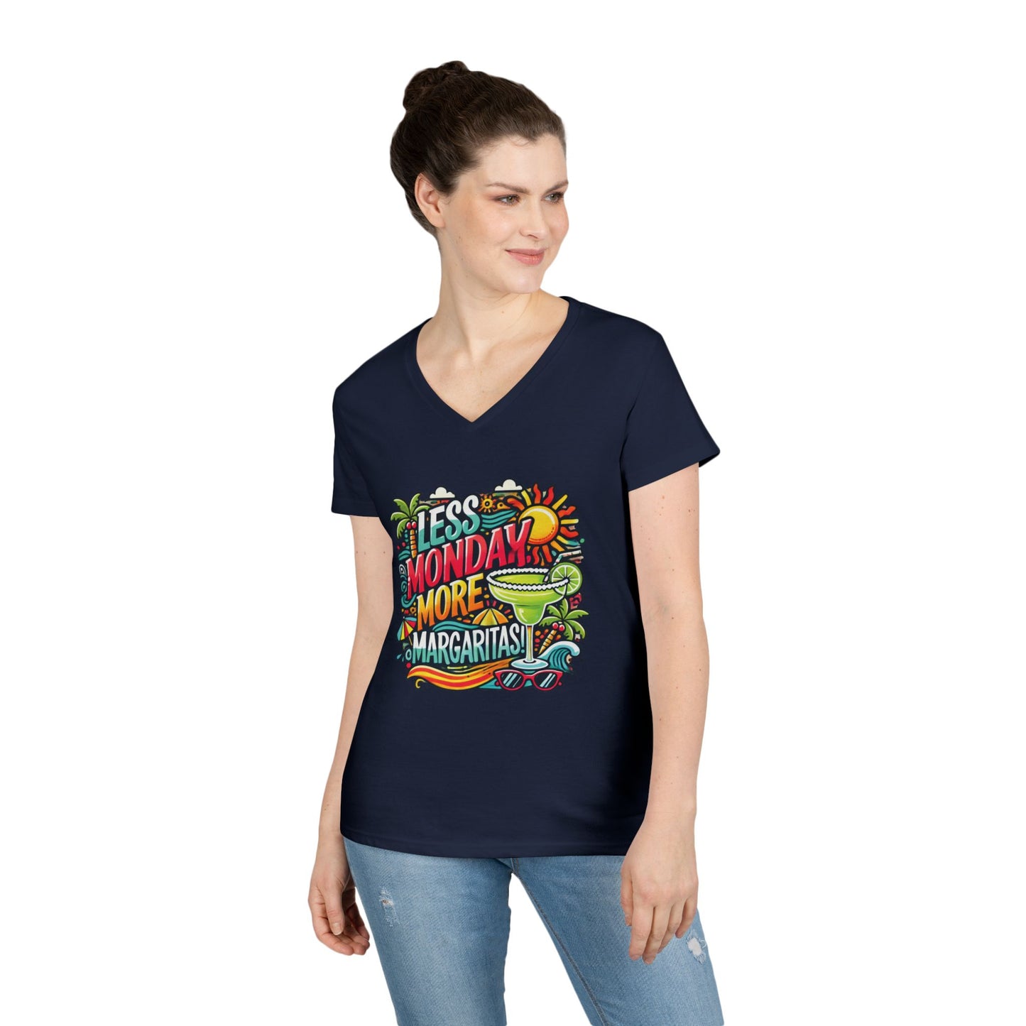 Less Monday More Margaritas Ladies' V-Neck T-Shirt, Funny Summer Cocktail Shirt, Tropical Vacation Tee for Women, Party Tee, Weekend Vibes