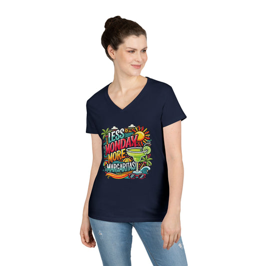Less Monday More Margaritas Ladies' V-Neck T-Shirt, Funny Summer Cocktail Shirt, Tropical Vacation Tee for Women, Party Tee, Weekend Vibes