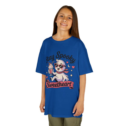 Girls Halloween Ghost T-Shirt, Stay Spooky Sweetheart Tee for Kids, Cute Retro Style Tween Girl Outfit Gift, Kids Heavy Cotton™ Tee