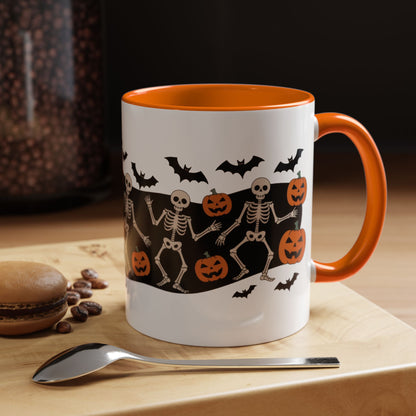 Dancing Skeletons Halloween Mug, Funny Spooky Pumpkin Coffee Cup, Cute Skeleton Dance Mug, Festive Fall Gift, Accent Coffee Mug (11, 15oz)