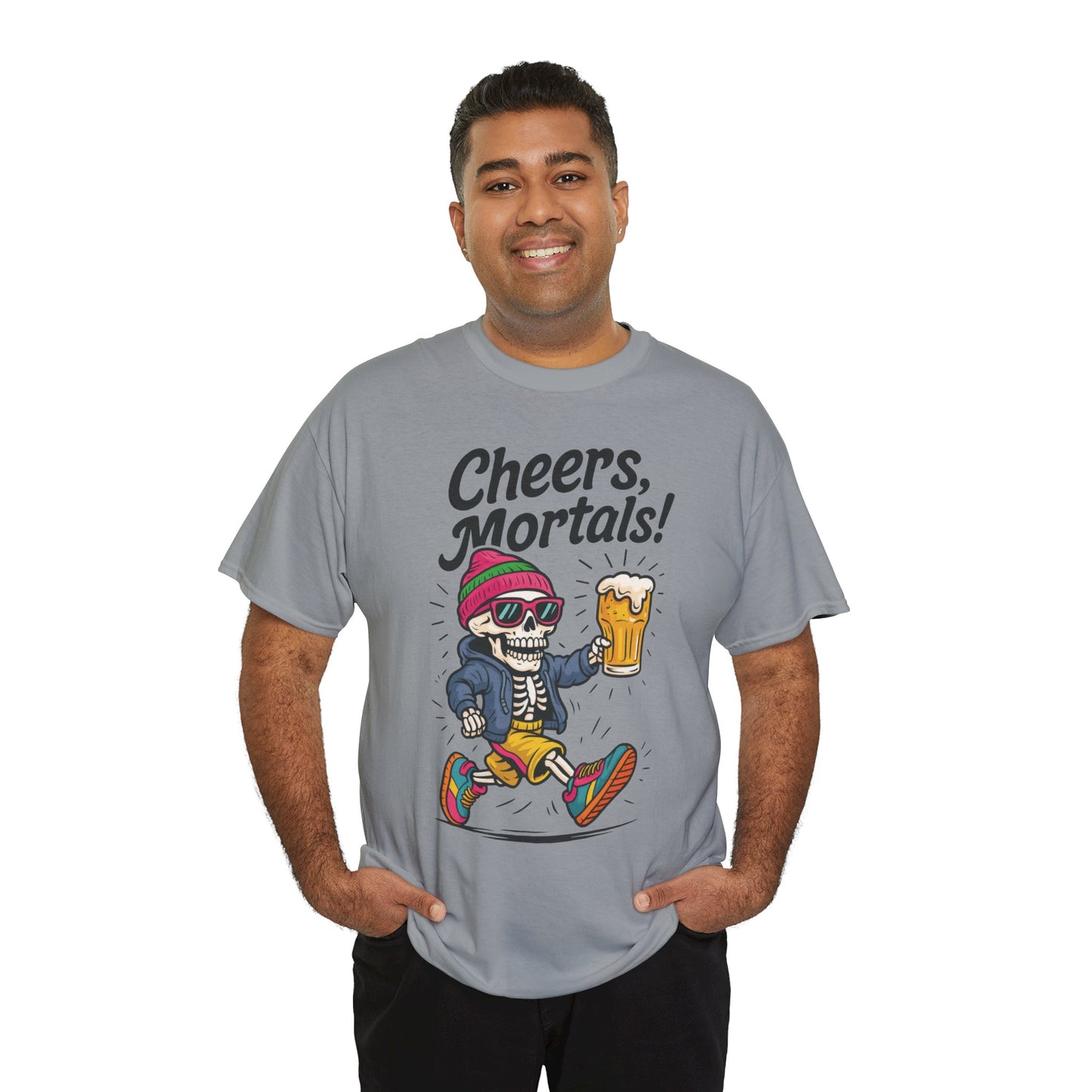 Cheers, Mortals! Mens Tee, Funny Skeleton Beer Graphic Tee, Cool Drinking Humor Shirt, Party Gift for Him, Halloween Tee,  Beer Lovers Gift