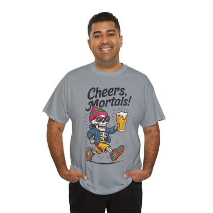 Cheers, Mortals! Mens Tee, Funny Skeleton Beer Graphic Tee, Cool Drinking Humor Shirt, Party Gift for Him, Halloween Tee,  Beer Lovers Gift