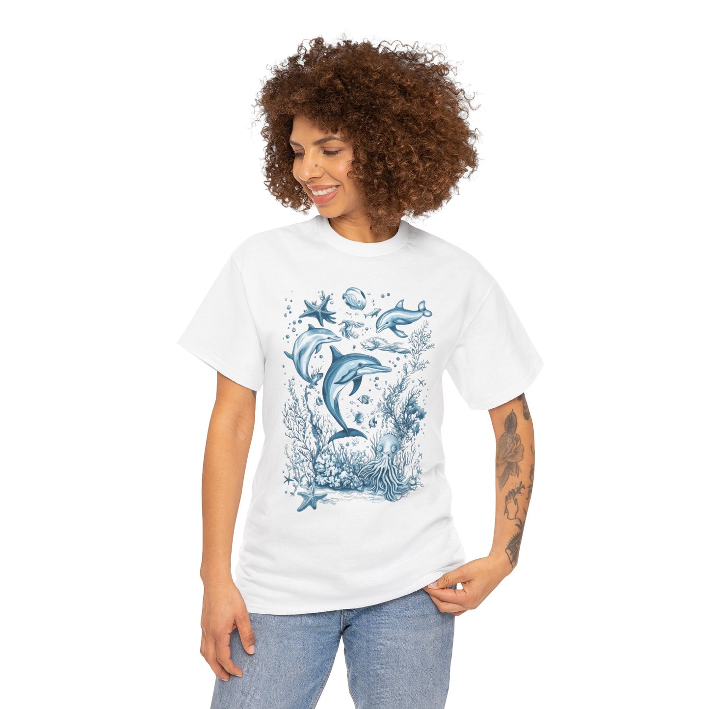 Ocean Life Dolphin T-Shirt, Women's Cotton Tee with Underwater Sea Creatures, Marine Nature Gift Shirt, Perfect for Beach Lovers