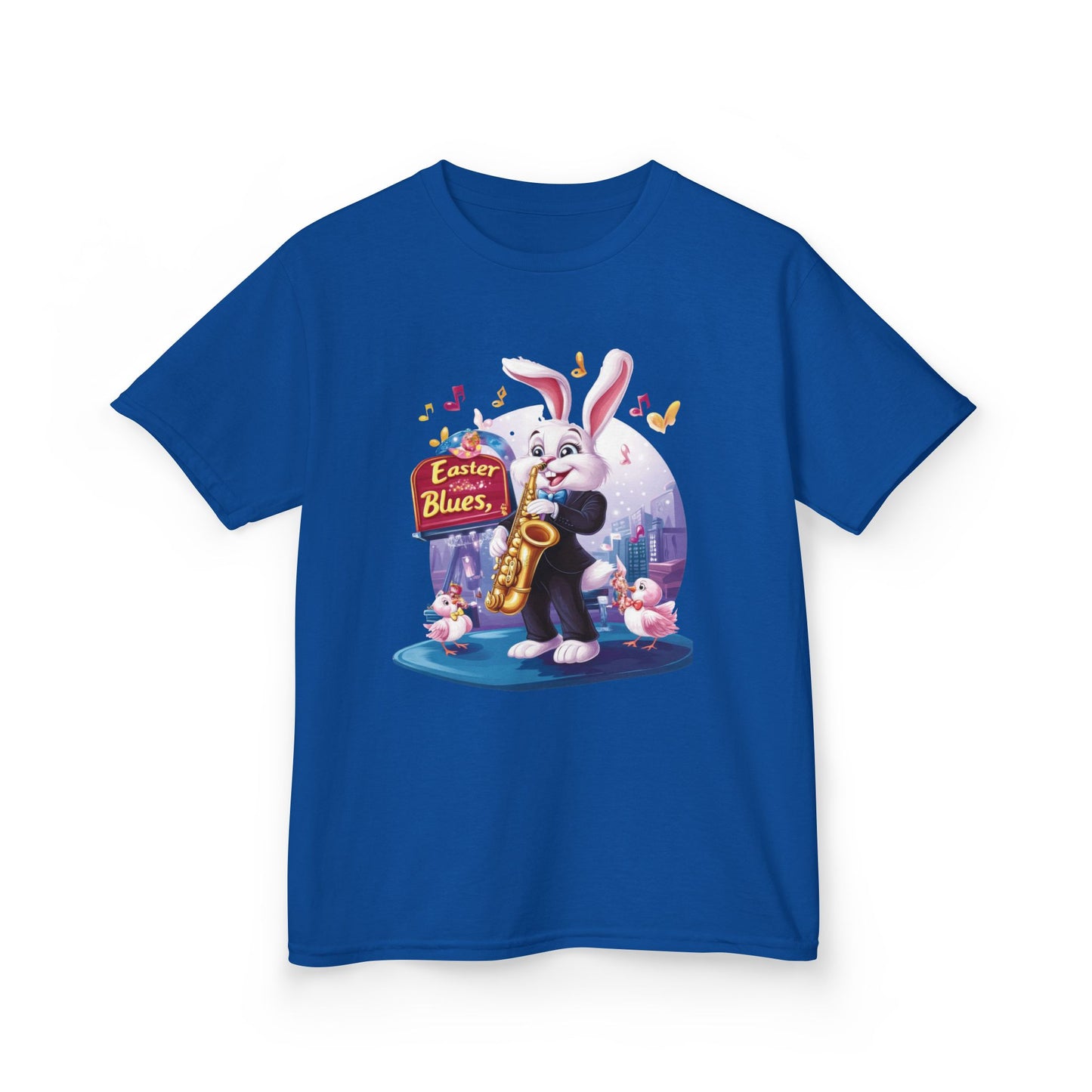 Easter Blues Bunny Kids T-Shirt - Cute Jazz Music Themed Tee for Boys and Girls, Fun Spring Gift, Bunny Playing Saxophone Design