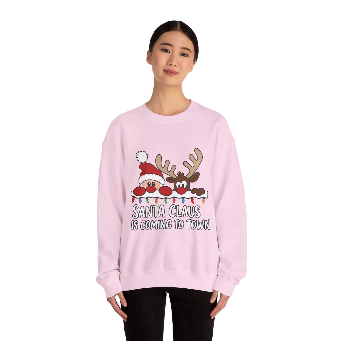 Santa Claus Is Coming to Town Women's Christmas Sweatshirt, Cute Santa - Reindeer Holiday Jumper