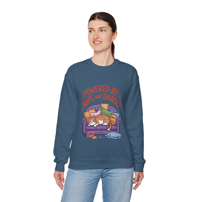 Powered by Naps and Snacks Sweatshirt, Cozy Lounge Crewneck, Gifts for Cat Lovers, Funny Cat Sweatshirt, Casual Everyday Wear
