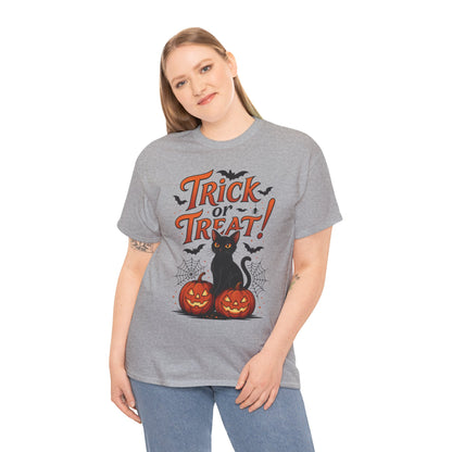 Trick or Treat Black Cat Halloween T-Shirt for Women, Spooky Cute Pumpkin Cat Tee, Fall Halloween Outfit Gift, Vintage Witchy Top