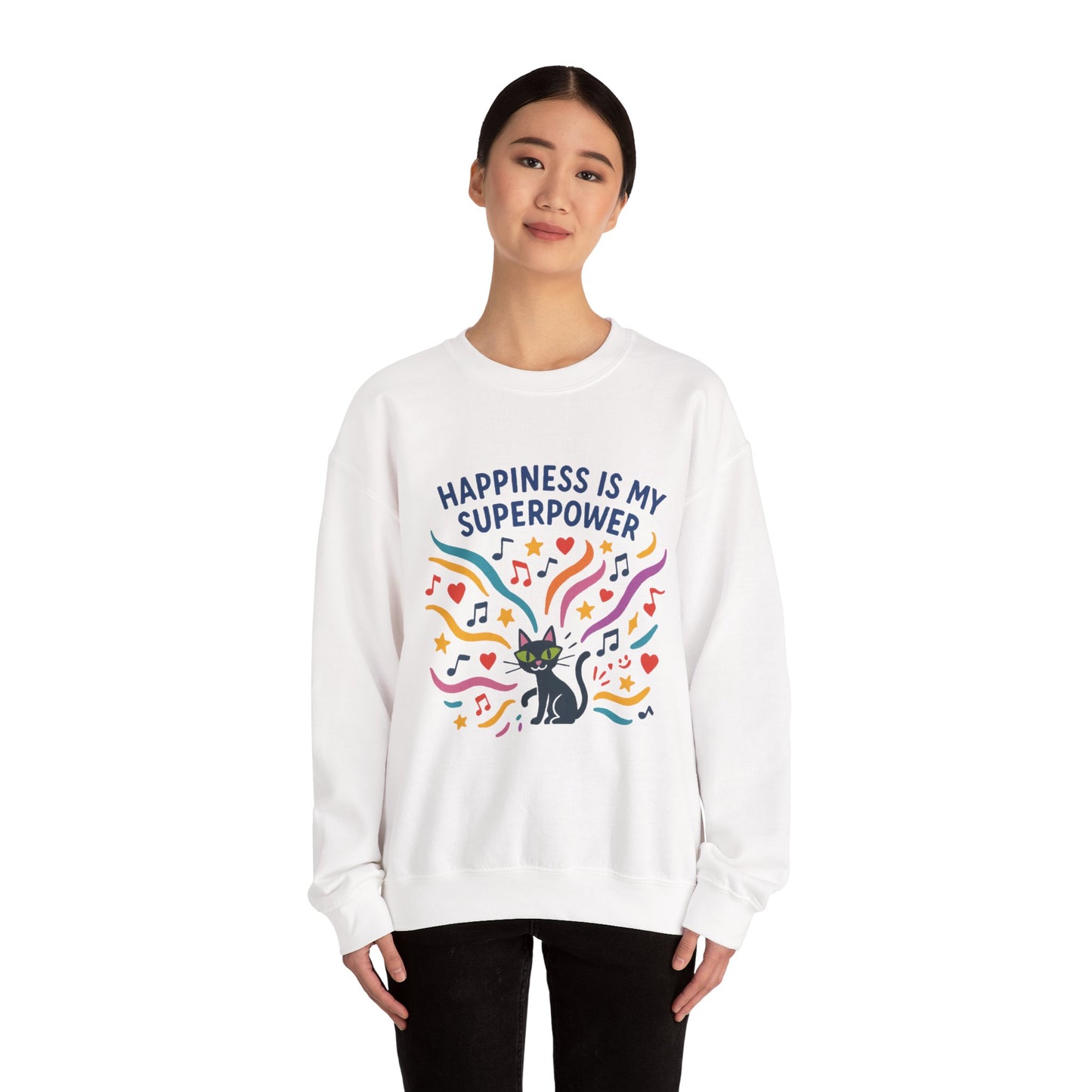 Playful Cat Crewneck Womens Sweatshirt, Happiness is My Superpower, Cozy Sweatshirt, Gift for Cat Lovers, Fun Casual Style, Unique Animal Design