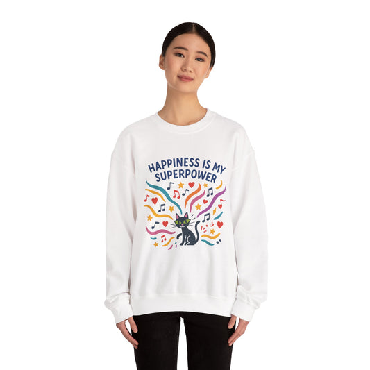 Playful Cat Crewneck Womens Sweatshirt, Happiness is My Superpower, Cozy Sweatshirt, Gift for Cat Lovers, Fun Casual Style, Unique Animal Design