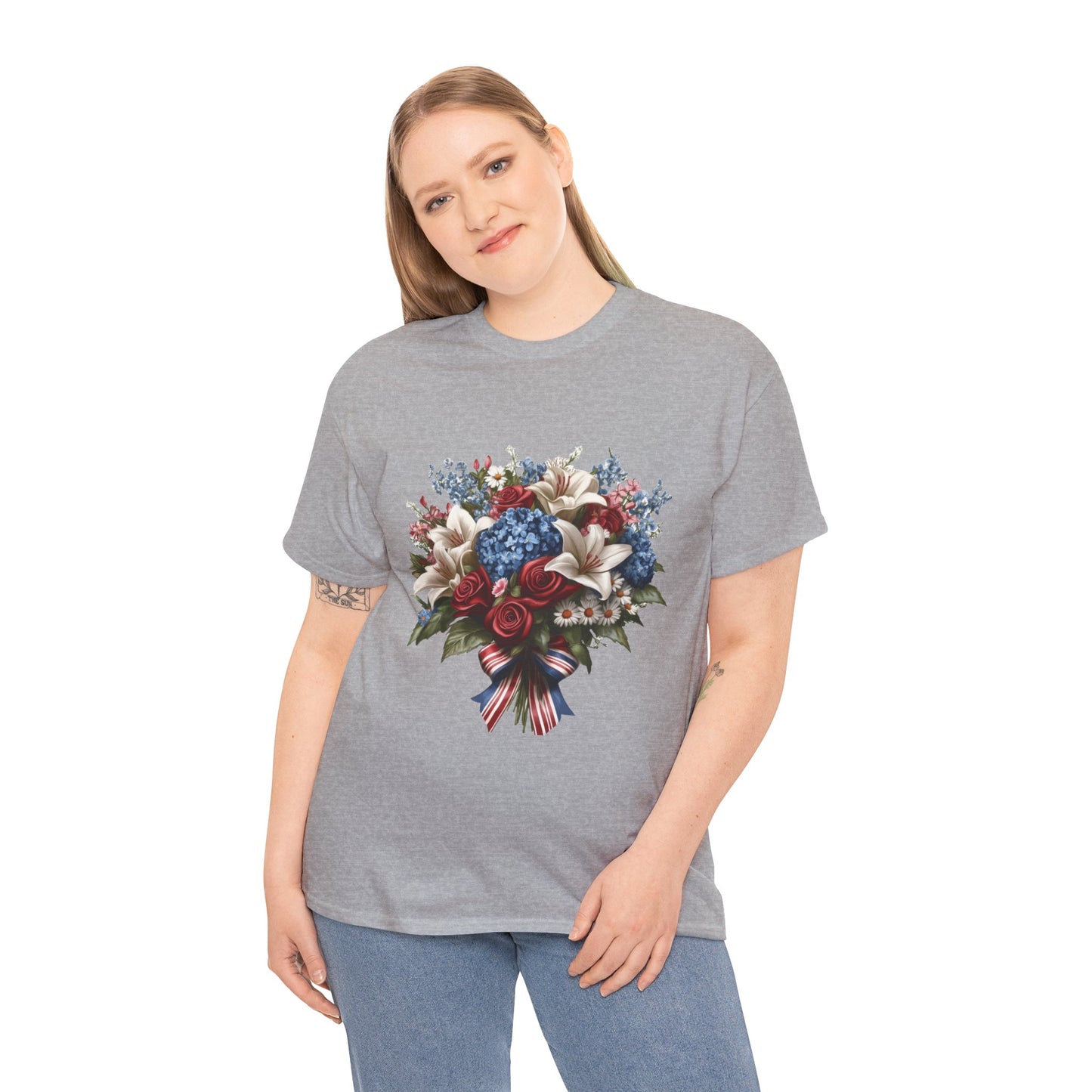 Patriotic Floral Bouquet T-Shirt, Red White Blue Flower Graphic Tee, USA Pride Shirt, Unisex Heavy Cotton Tee