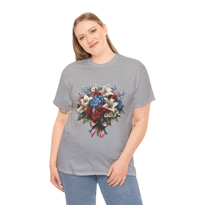 Patriotic Floral Bouquet T-Shirt, Red White Blue Flower Graphic Tee, USA Pride Shirt, Unisex Heavy Cotton Tee