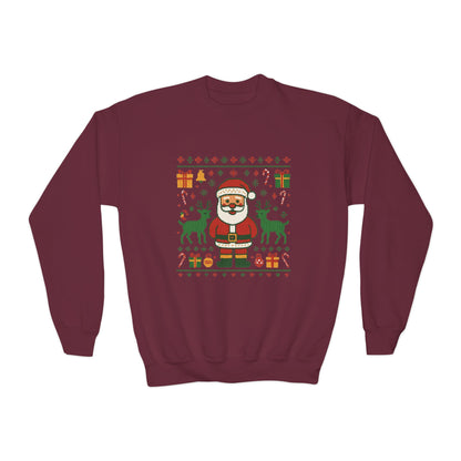Kids Santa Christmas Shirt, Cute Knit Pattern Holiday  Sweatshirt, Youth Crewneck Sweatshirt