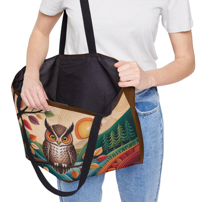 Owl Weekender Bag, Autumn Forest Art Tote, Large Travel Bag with Colorful Fall Leaves, Boho Woodland Gift, Boho Beach Bag