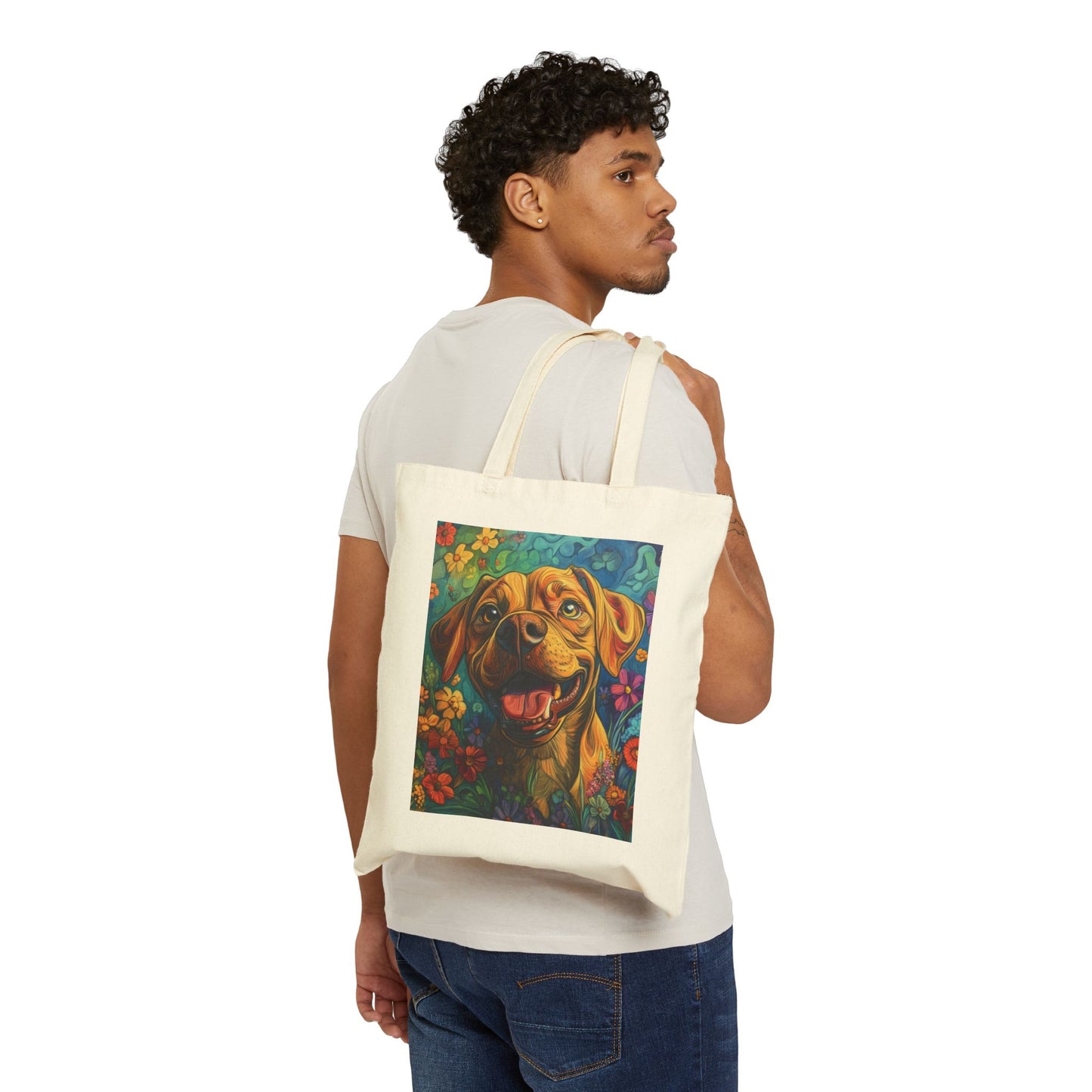 Colorful Dog Art Cotton Canvas Tote Bag, Eco-Friendly Shopping Bag, Pet Lover Gift, Flower Design, Reusable Grocery Tote, Animal Lover