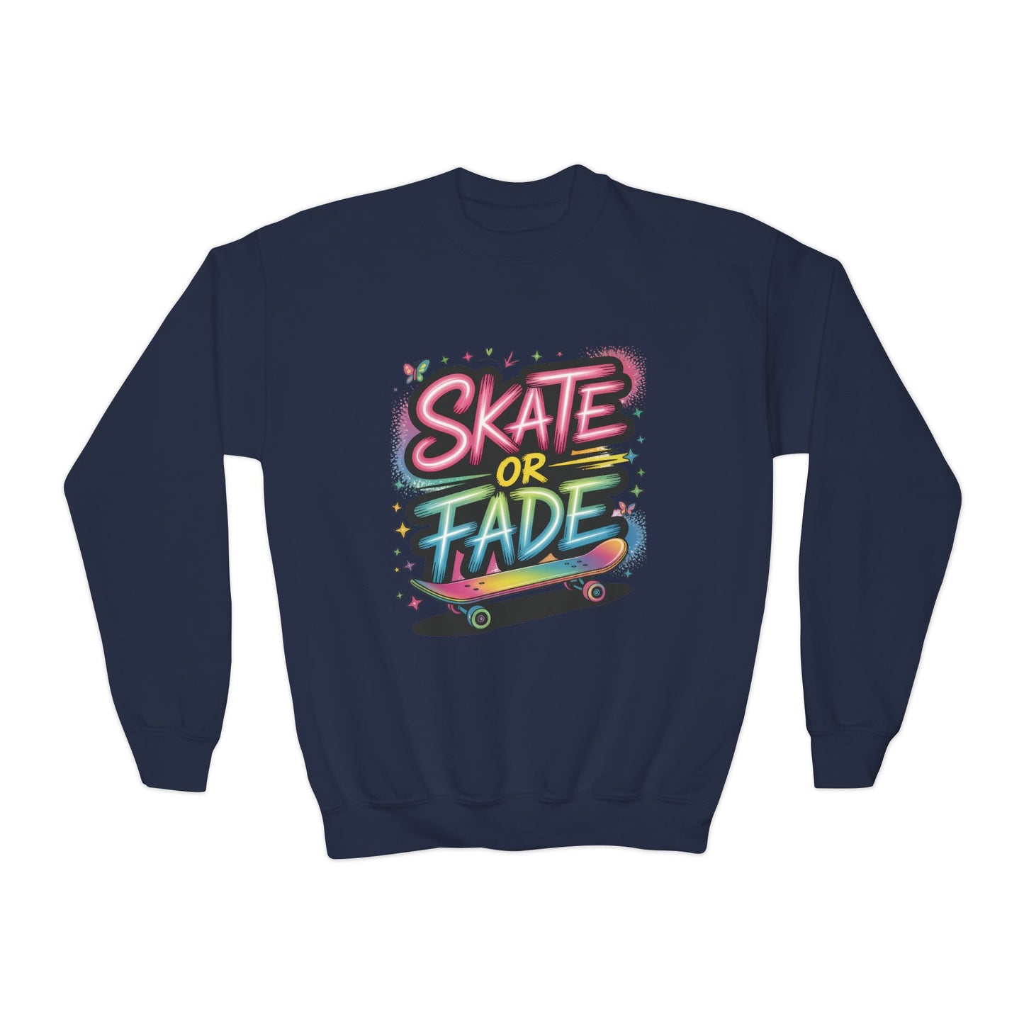 Youth Crewneck Sweatshirt, Skate Or Fade Girls Sweatshirt, Colorful Graffiti Skateboarding Crewneck Sweatshirt, Youth Streetwear Gift