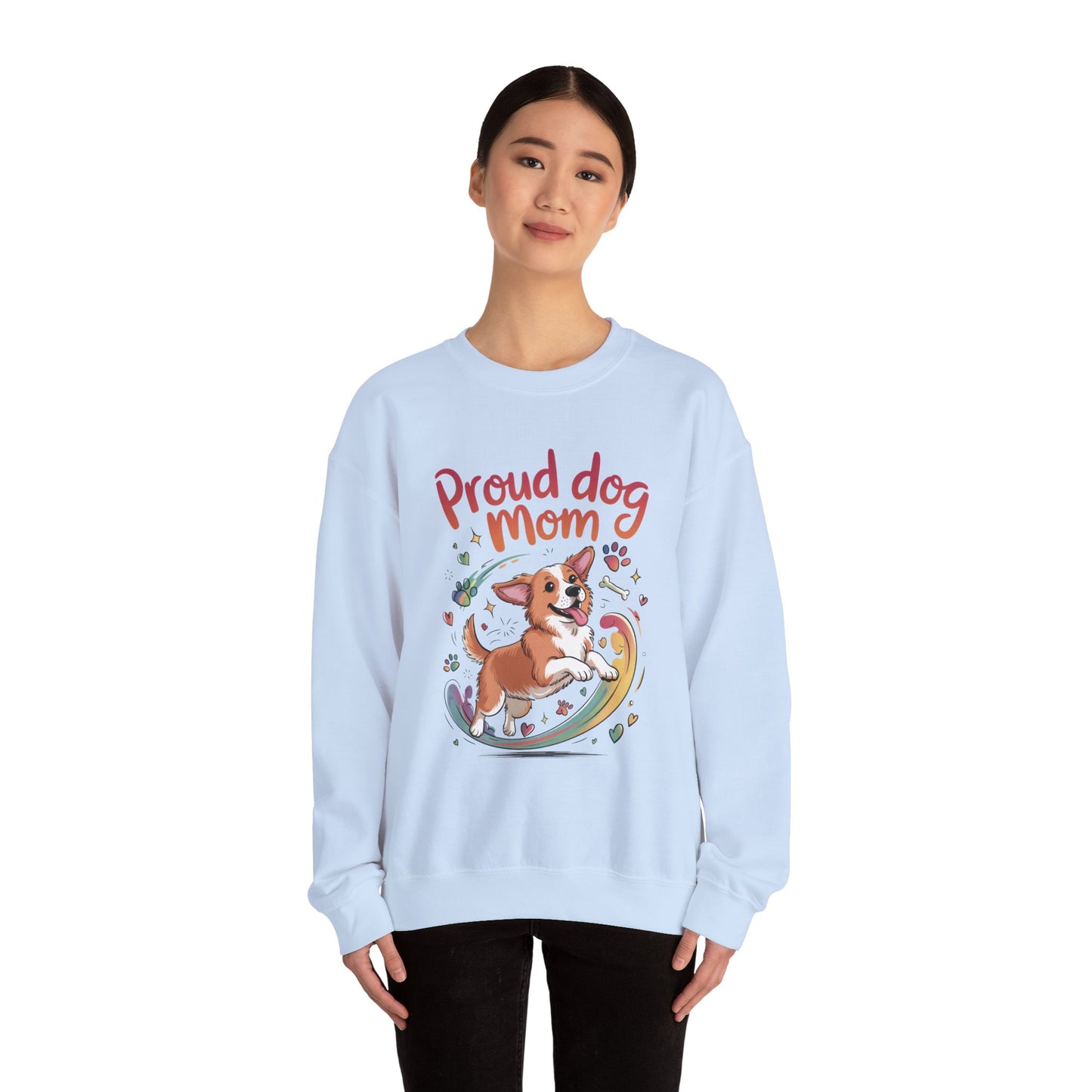 Proud Dog Mom Crewneck Sweatshirt, Pet Lover Gift, Dog Mom Apparel, Animal Lover Clothing, Gift for Dog Moms, Puppy Paw Rainbow Print