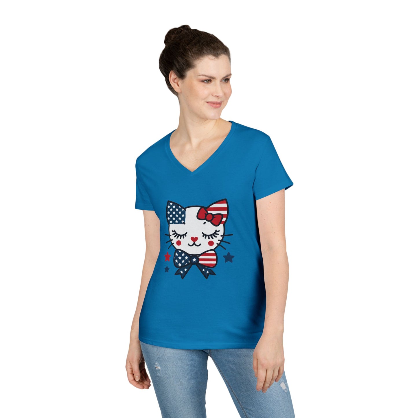 Patriotic Cat Ladies' V-Neck T-Shirt, Cute Tee, July 4th Top, Independence Day Shirt, Gift for Cat Lovers, Casual Summer Wear