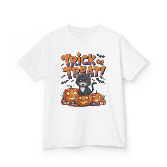 Girls Cute Black Cat Trick or Treat Halloween T-Shirt, Funny Pumpkin Cat Tee, Spooky Fall Shirt for Kids, Matching Family Halloween Shirts