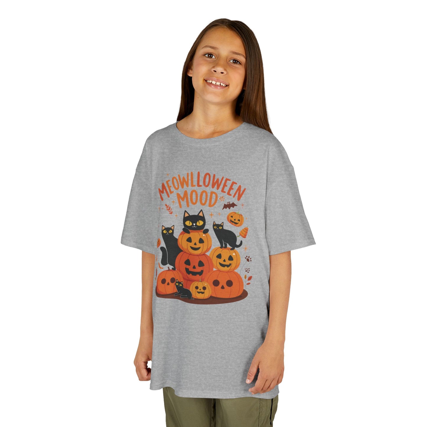 Meowlloween Mood Kids Shirt, Cute Black Cat Halloween T-Shirt for Girls and Boys, Funny Pumpkin Cat Tee, Cozy Fall Cat Lover Gift