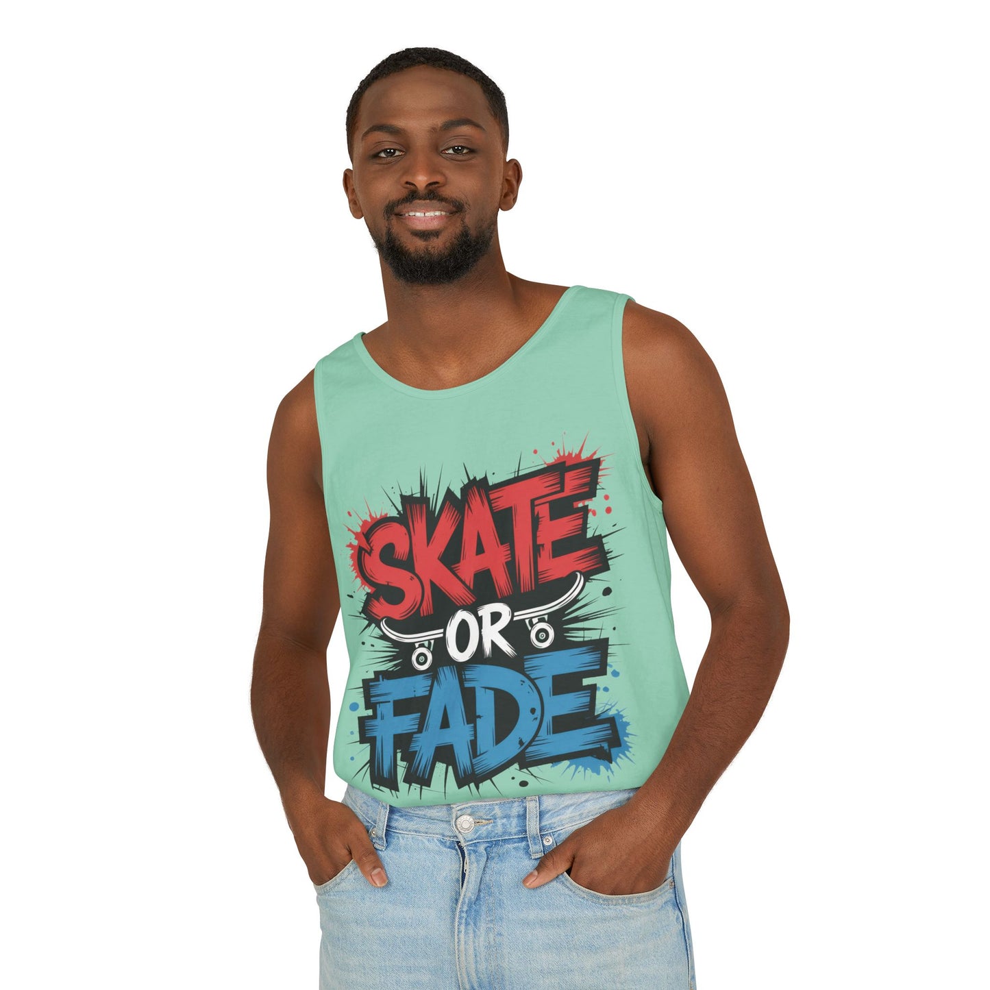 Skate Or Fade Men's Tank Top, Graffiti Skateboard Graphic Muscle Shirt, Urban Streetwear Sleeveless Top, Men's Garment-Dyed Tank Top