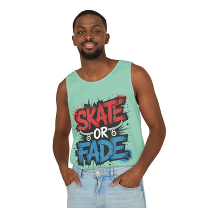 Skate Or Fade Men's Tank Top, Graffiti Skateboard Graphic Muscle Shirt, Urban Streetwear Sleeveless Top, Men's Garment-Dyed Tank Top