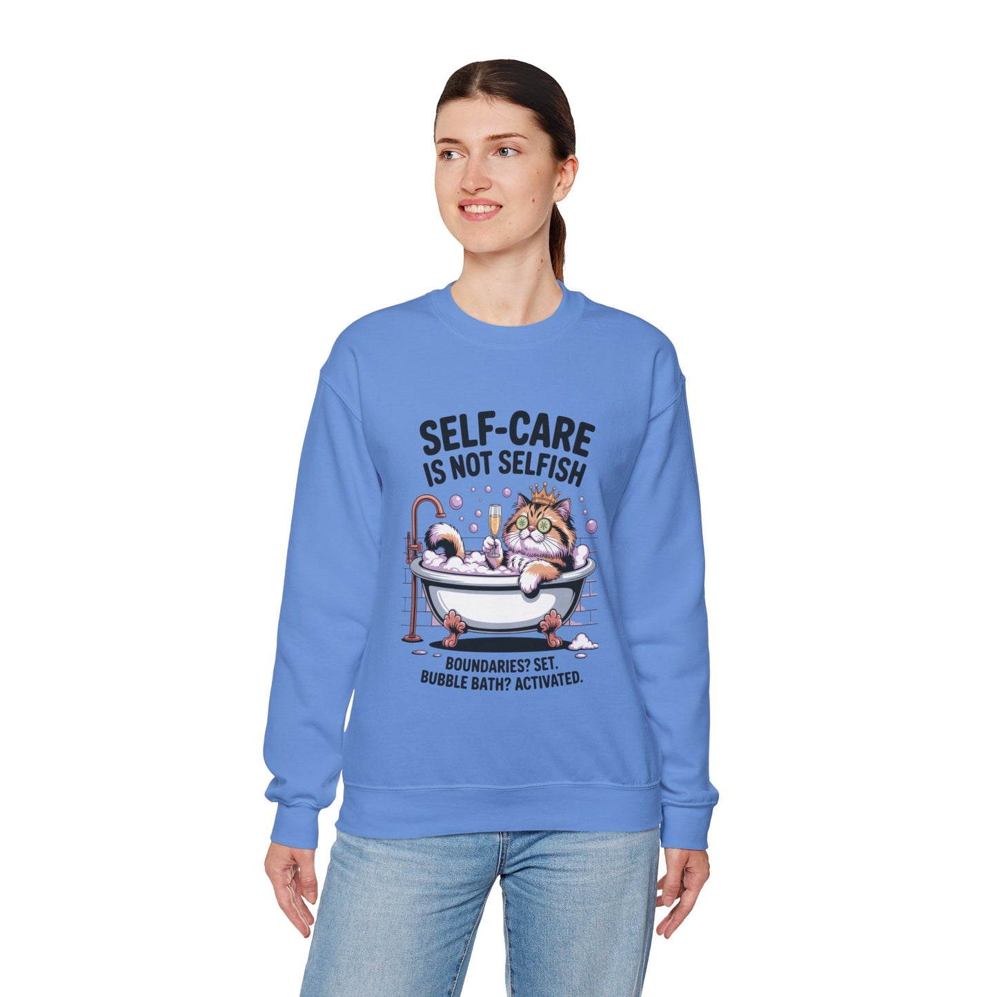 Womens Crewneck Sweatshirt, Self-Care Cat Shirt, Funny Cat Tee, Relaxing Kitty Graphic, Self Care Is Not Selfish Womens Sweatshirt