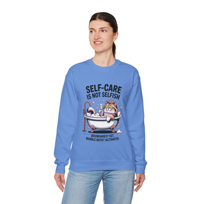 Womens Crewneck Sweatshirt, Self-Care Cat Shirt, Funny Cat Tee, Relaxing Kitty Graphic, Self Care Is Not Selfish Womens Sweatshirt