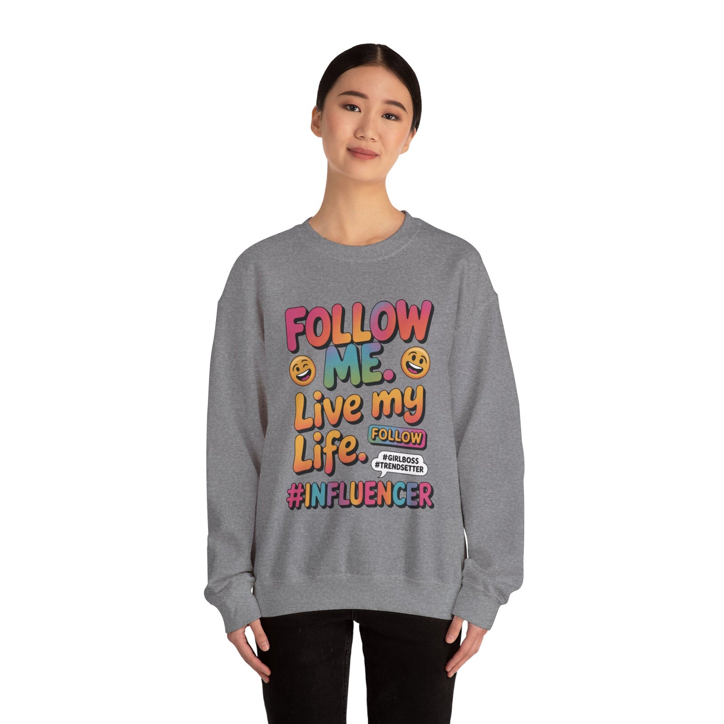 Womens Heavy Blend™ Crewneck Sweatshirt, Influencer Sweatshirt, Colorful Follow Me Live My Life Graphic Sweatshirt, Trendy GirlBoss Outfit