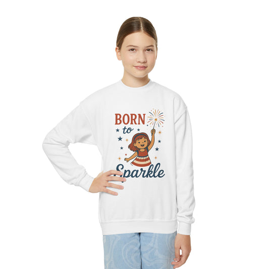 4th of July Youth Crewneck Sweatshirt, Born to Sparkle Tee, Patriotic Fireworks Toddler Crewneck, Independence Day Outfit for Tween Girls