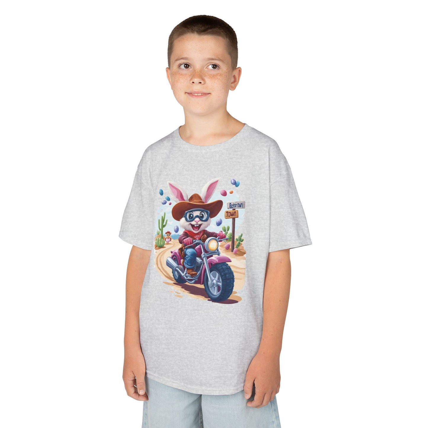 Biker Bunny Kids Tee - Fun Easter Shirt for Boys & Girls, Cute Spring Outfit with Motorcycle Rabbit Heavy Cotton Toddler T-Shirt Bunny Rider