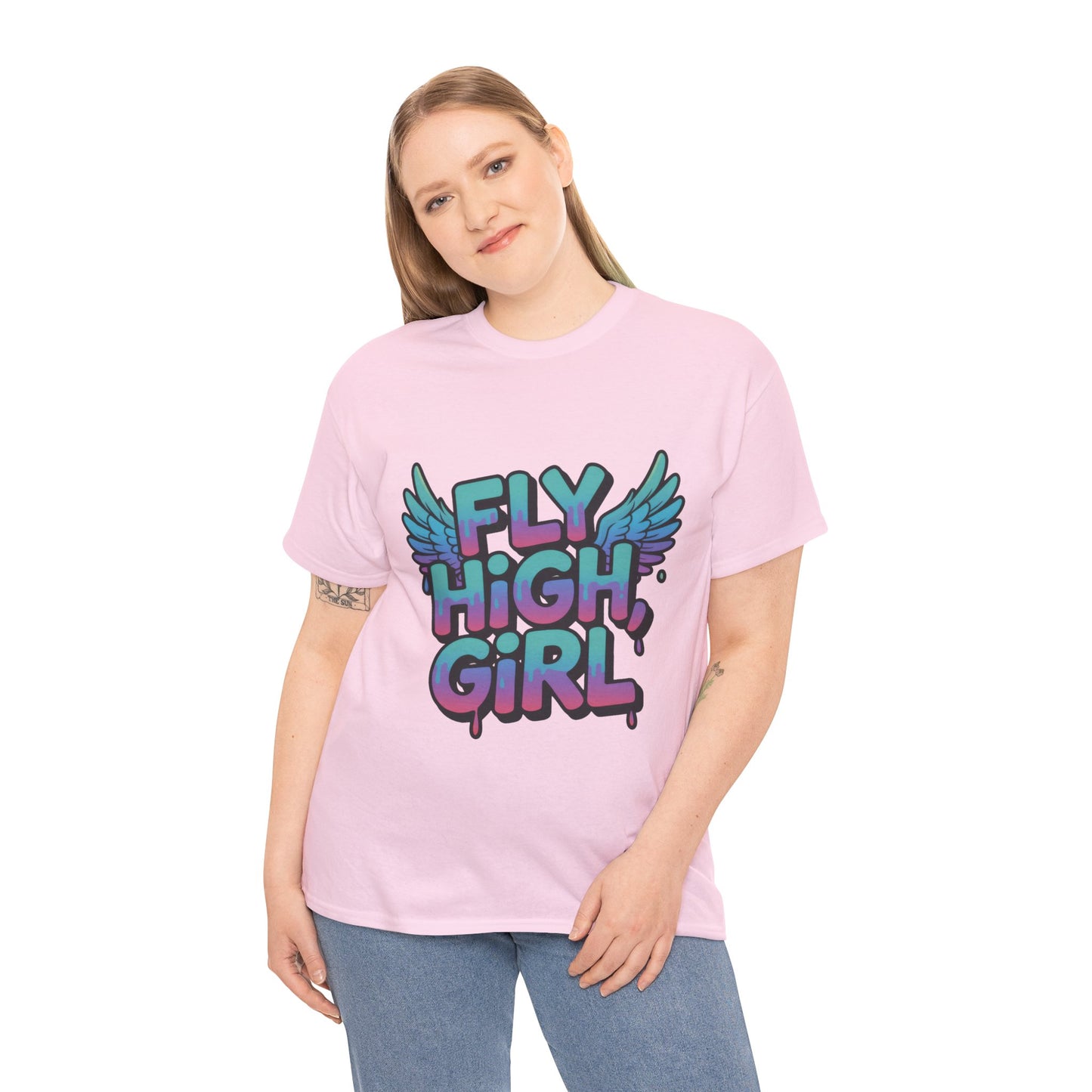 Womens Graphic Tee Fly High Girl, Angel Wings Graffiti Drip T-Shirt, Bold Streetwear Top
