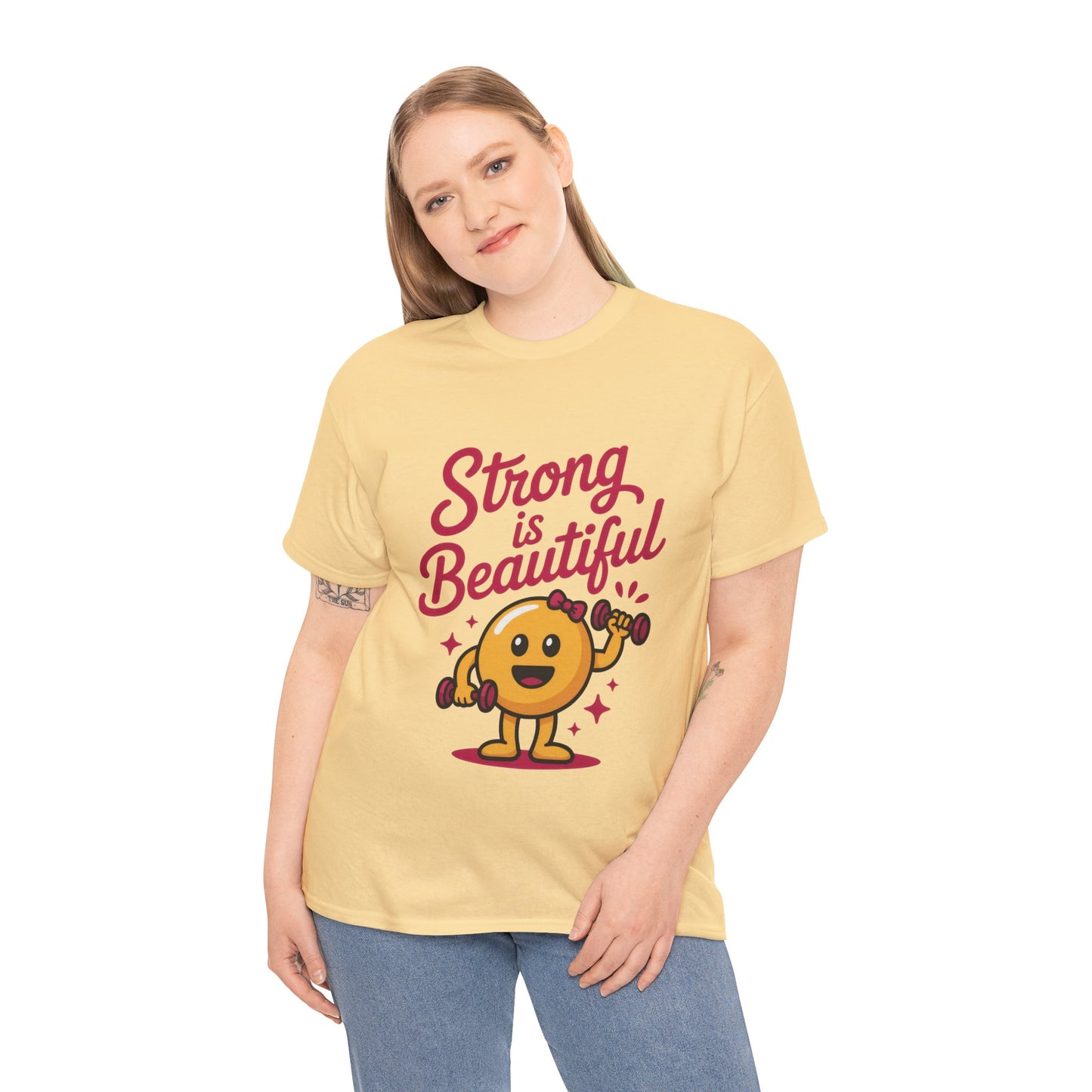 Strong is Beautiful Womens T-Shirt, Cute Fitness Character Graphic Tee, Inspirational Workout Shirt, Gym Motivation Gift for Her