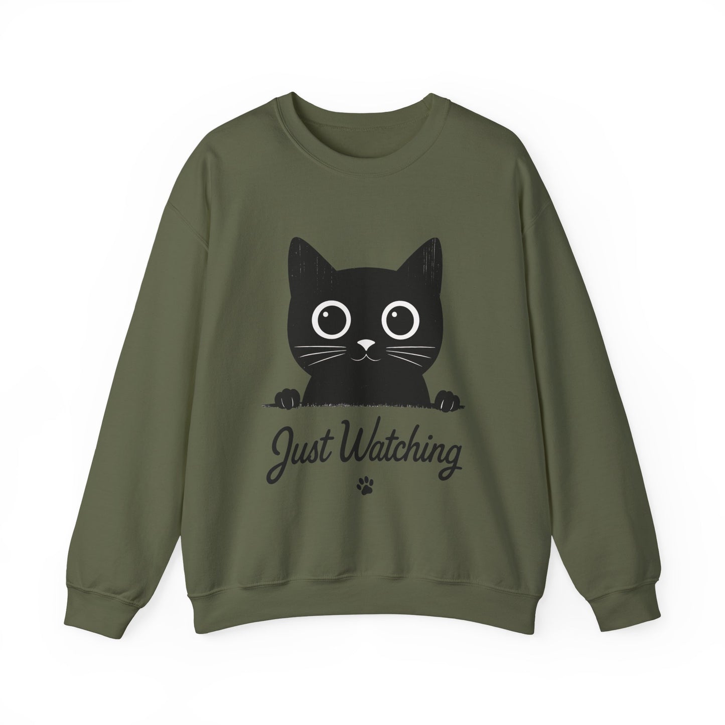 Funny Black Cat Womens Crewneck Sweatshirt - Just Watching Minimalist Kitty Pullover - Cozy Cat Lover Gift, Pet Owner Apparel