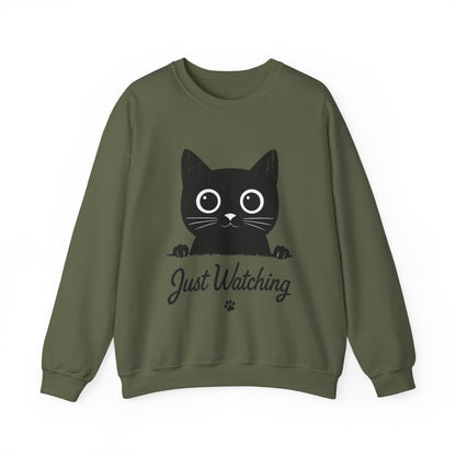 Funny Black Cat Womens Crewneck Sweatshirt - Just Watching Minimalist Kitty Pullover - Cozy Cat Lover Gift, Pet Owner Apparel
