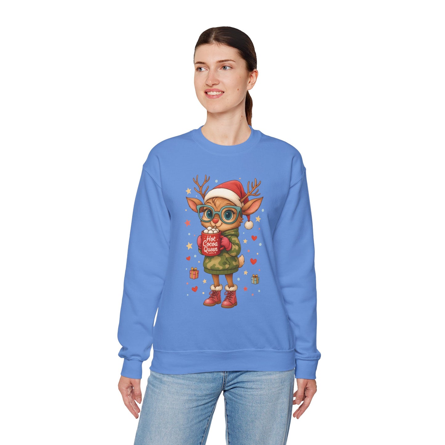 Hot Cocoa Queen Christmas Sweatshirt, Cute Cozy Holiday Reindeer Pullover