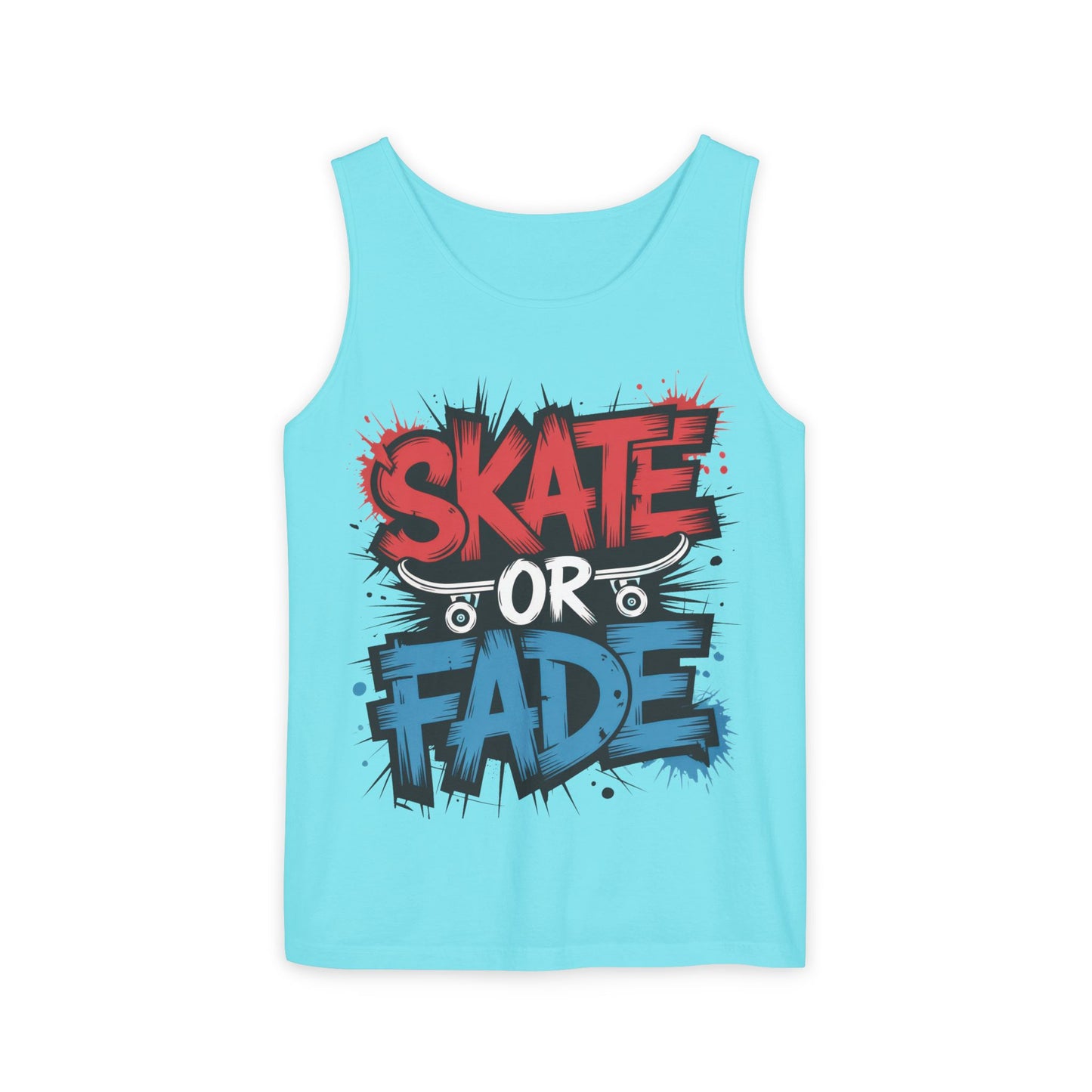 Skate Or Fade Men's Tank Top, Graffiti Skateboard Graphic Muscle Shirt, Urban Streetwear Sleeveless Top, Men's Garment-Dyed Tank Top