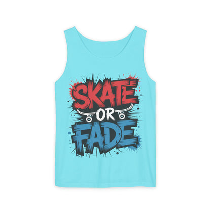 Skate Or Fade Men's Tank Top, Graffiti Skateboard Graphic Muscle Shirt, Urban Streetwear Sleeveless Top, Men's Garment-Dyed Tank Top