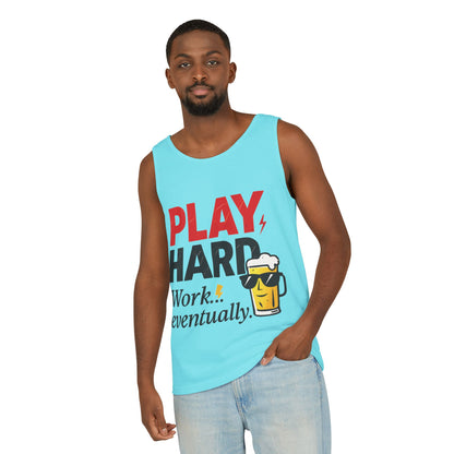 Casual Tank Top with Play Hard Print, Fun Summer Apparel, Gift for Dad or Friends, Beach Wear, Workout Top, Party Attire