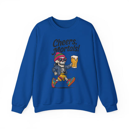 Cheers Mortals! Mens Crewneck Sweatshirt, Skeleton Beer Pullover with Hood, Drinking Humor Sweatshirt, Party Gift for Him, Halloween Apparel