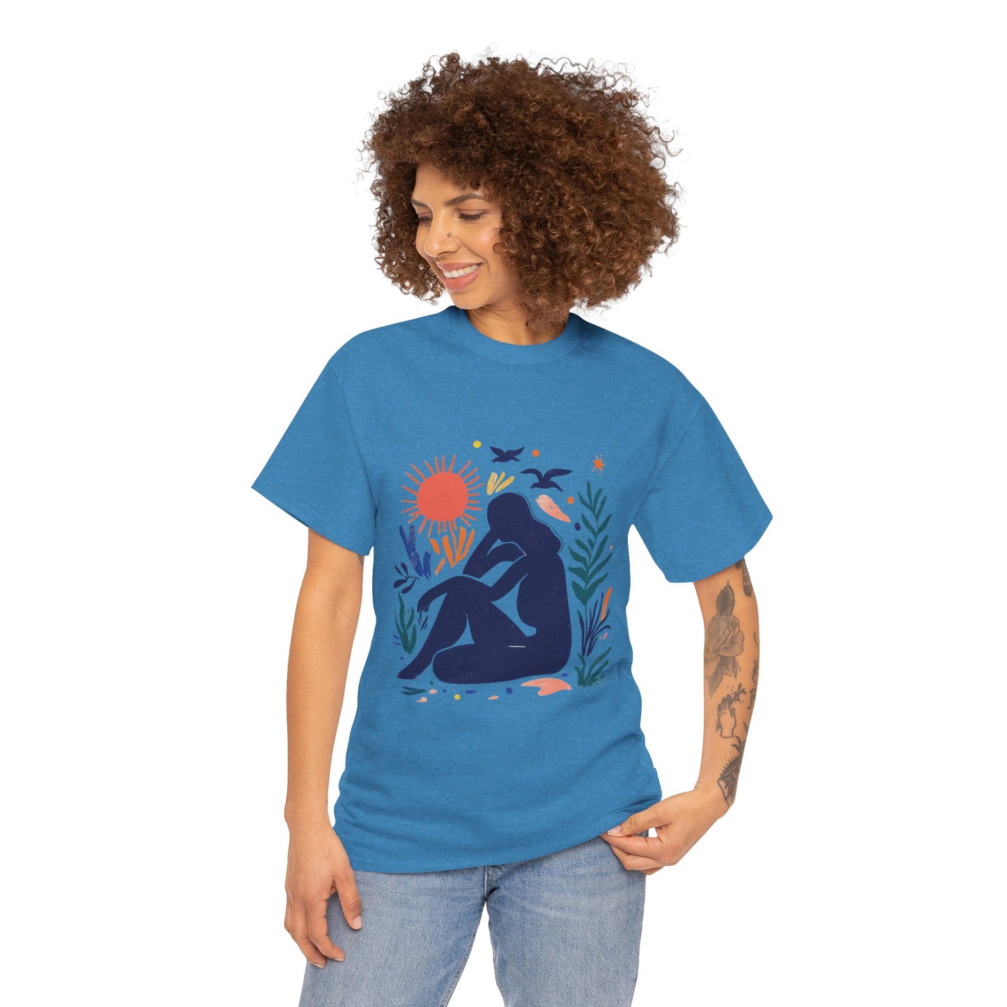 Boho Chic Unisex T-Shirt, Minimal Abstract Woman T-Shirt, Tee for Nature Lovers, Sun and Nature Print, Artistic Silhouette Tee