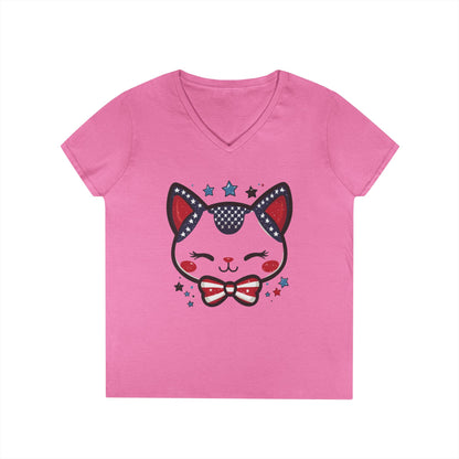 Cute Patriotic  V-Neck T-Shirt, Women's Graphic Tee, Perfect for Cat Lovers, Perfect for Holidays and Fourth of July Celebrations