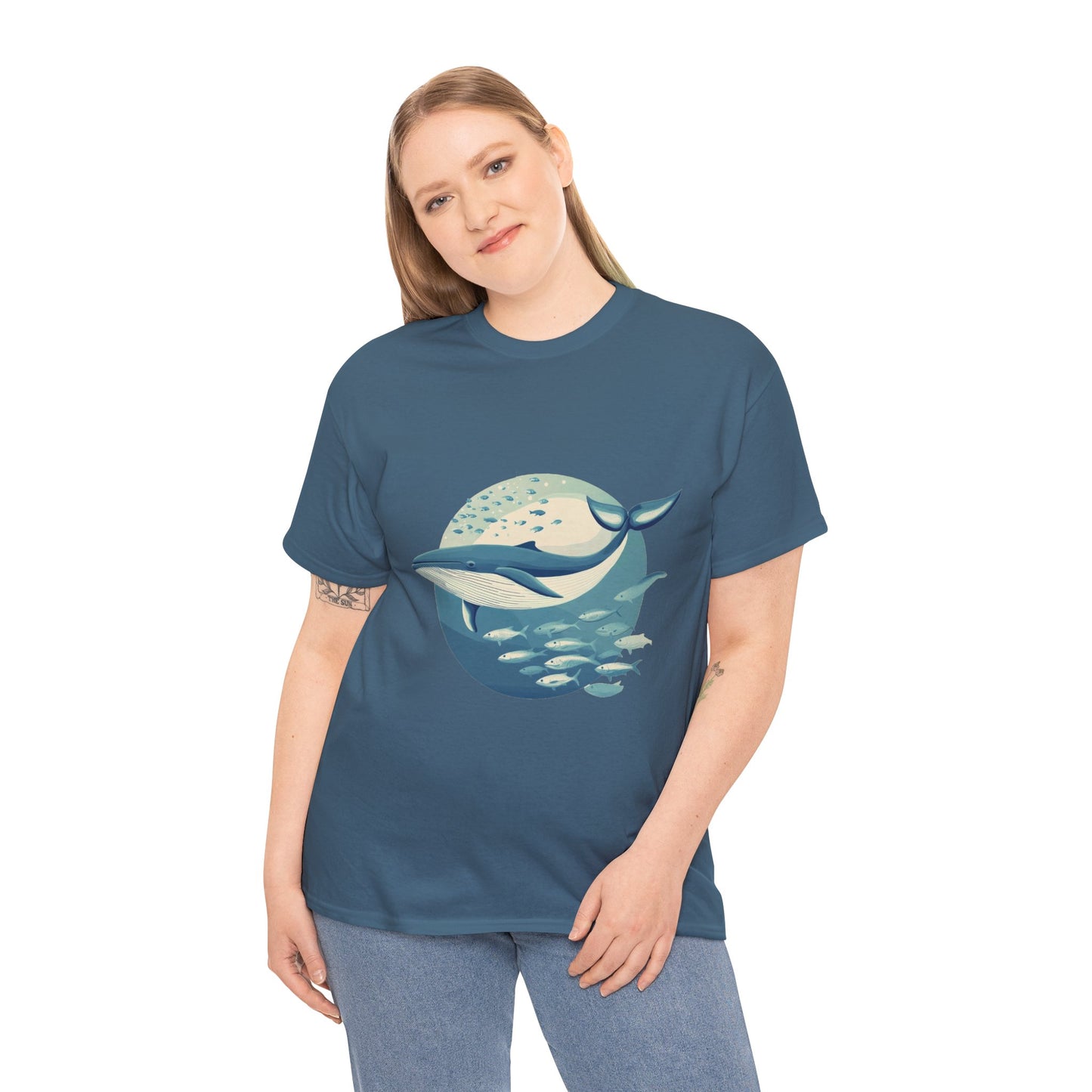 Whale and Fish Unisex Heavy Cotton Tee, Ocean Lover Shirt, Nature Tee, Sea Creature Gift, Casual Summer Top, Ocean Whale Graphic Tee