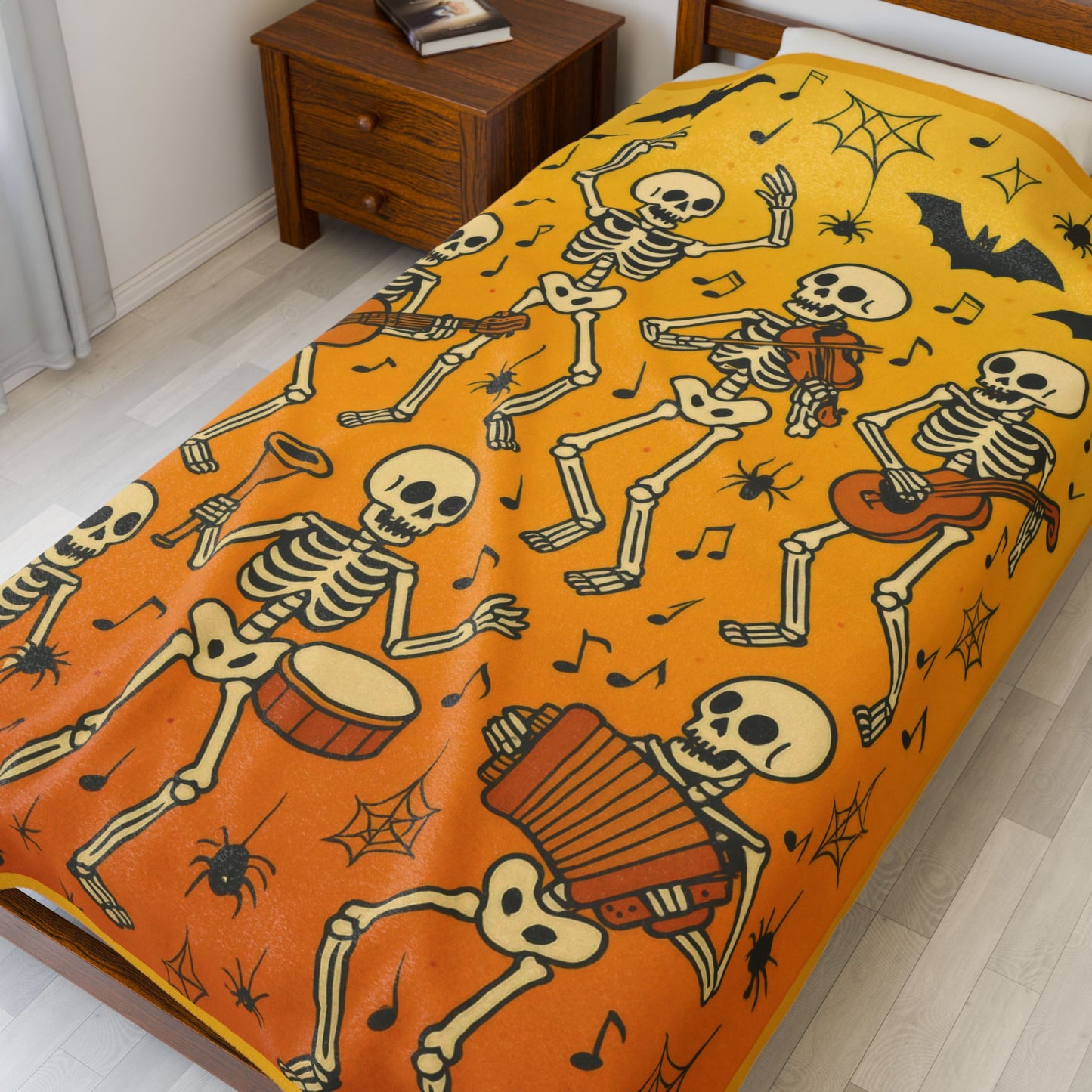 Dancing Skeleton Halloween Velveteen Plush Blanket, Funny Spooky Skeleton Band Throw Blanket, Cozy Fall Gothic Home Decor, Music Lover Gift