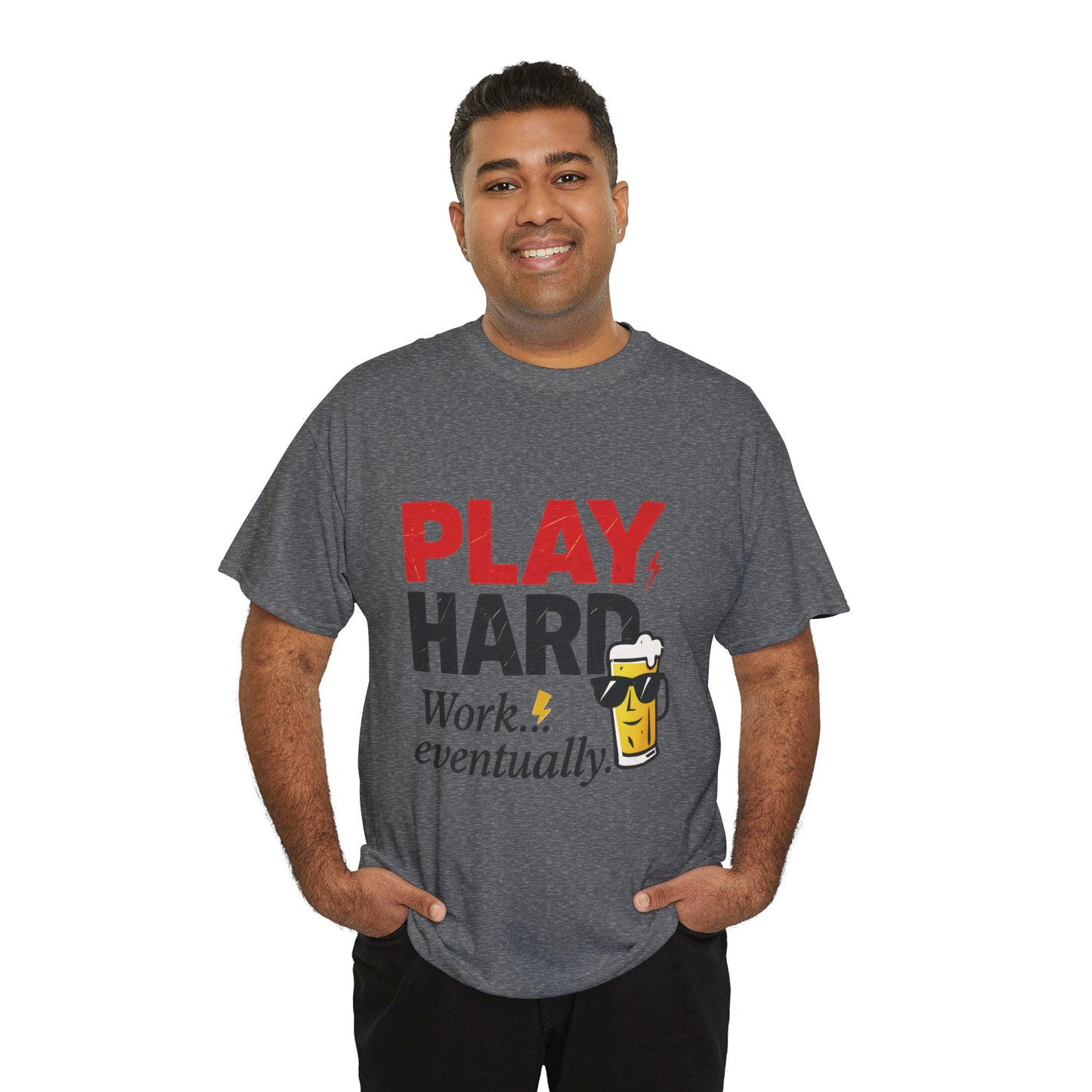 Play Hard Mens Heavy Cotton Tee, Perfect for Beer Lovers, Casual Hangouts, Parties, Gifts, and Relaxed Days